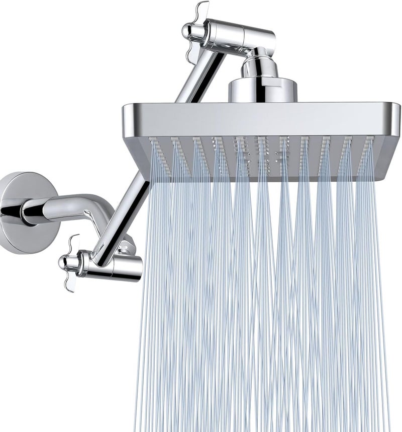 Nuodan High Pressure Rain Shower Head with 11'' Extension Arm - High Flow Rainfall Showerhead - Luxury Modern Look - Pressure Boosting(Square, Chrome) - Image 1